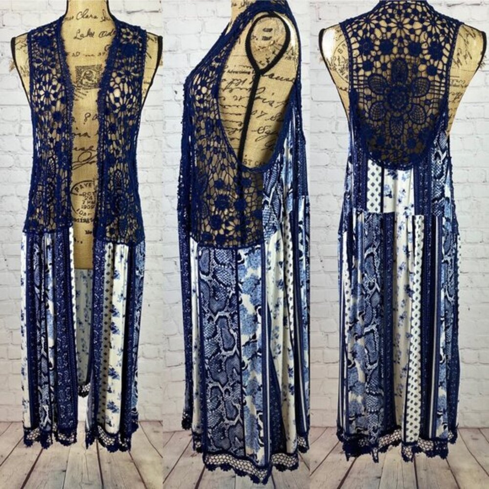 Crinkly Blue Boho Print Open Front Crochet Details Kimono